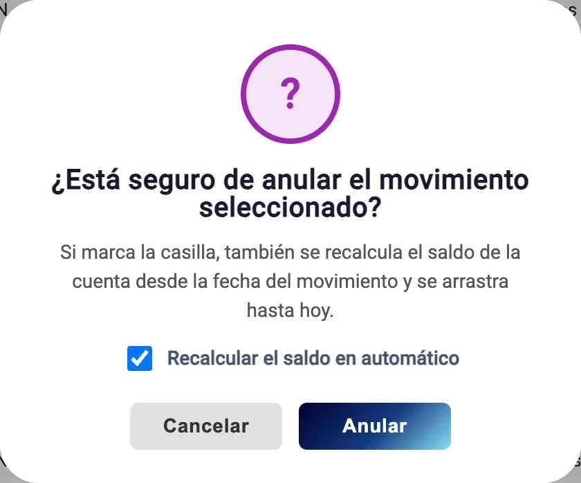 Confirmación de anular con recalcular