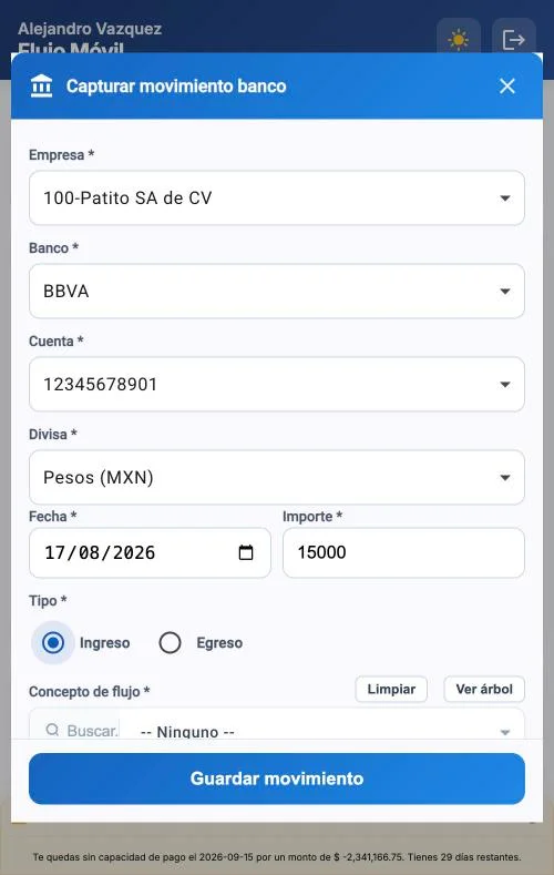 Capturar movimiento banco - datos principales