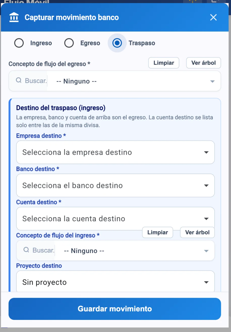 Traspaso en la captura móvil de movimiento de banco