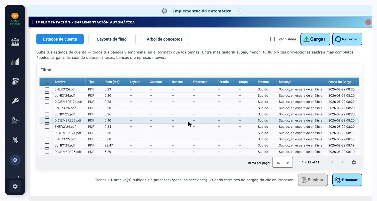 Archivos subidos en la tabla de control