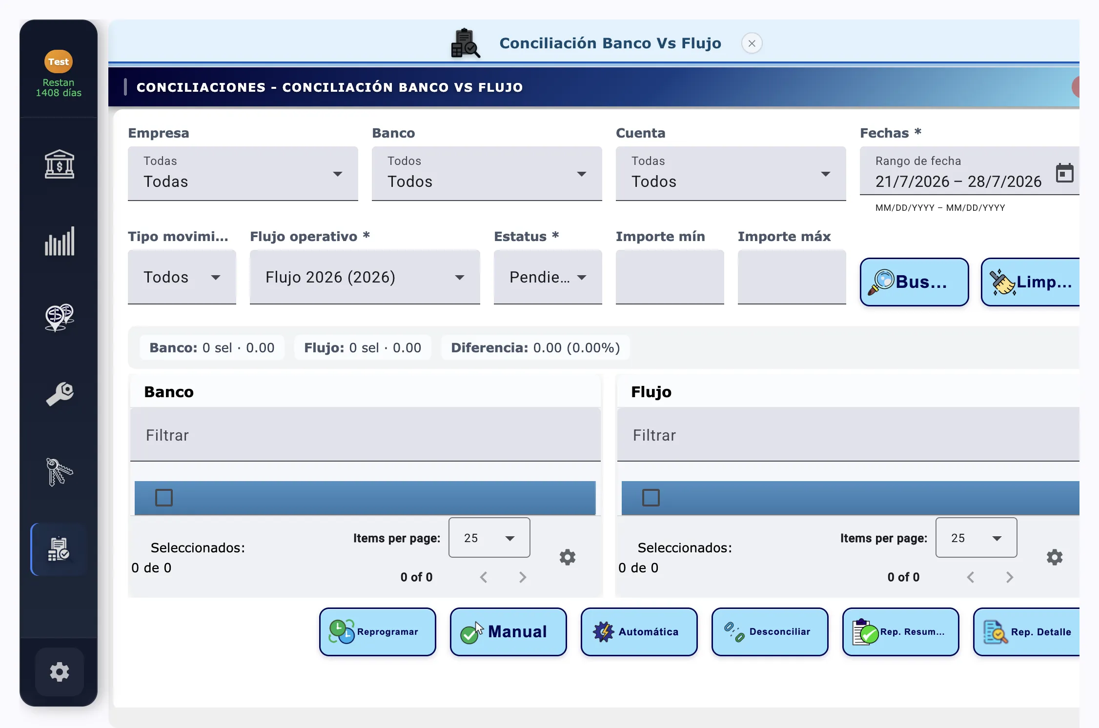 Pantalla Conciliación Banco Vs Flujo