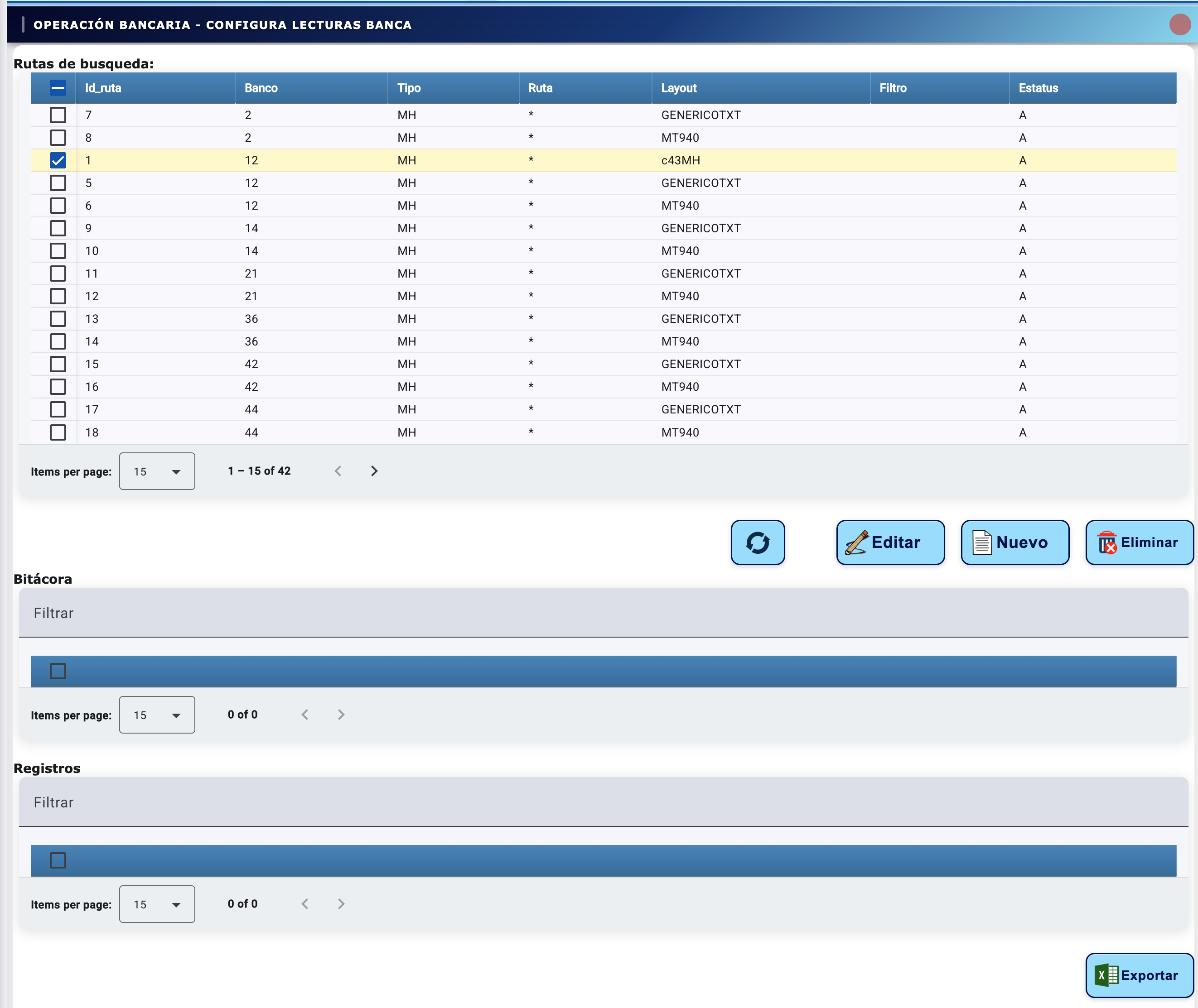 Pantalla Configura Lecturas Banca