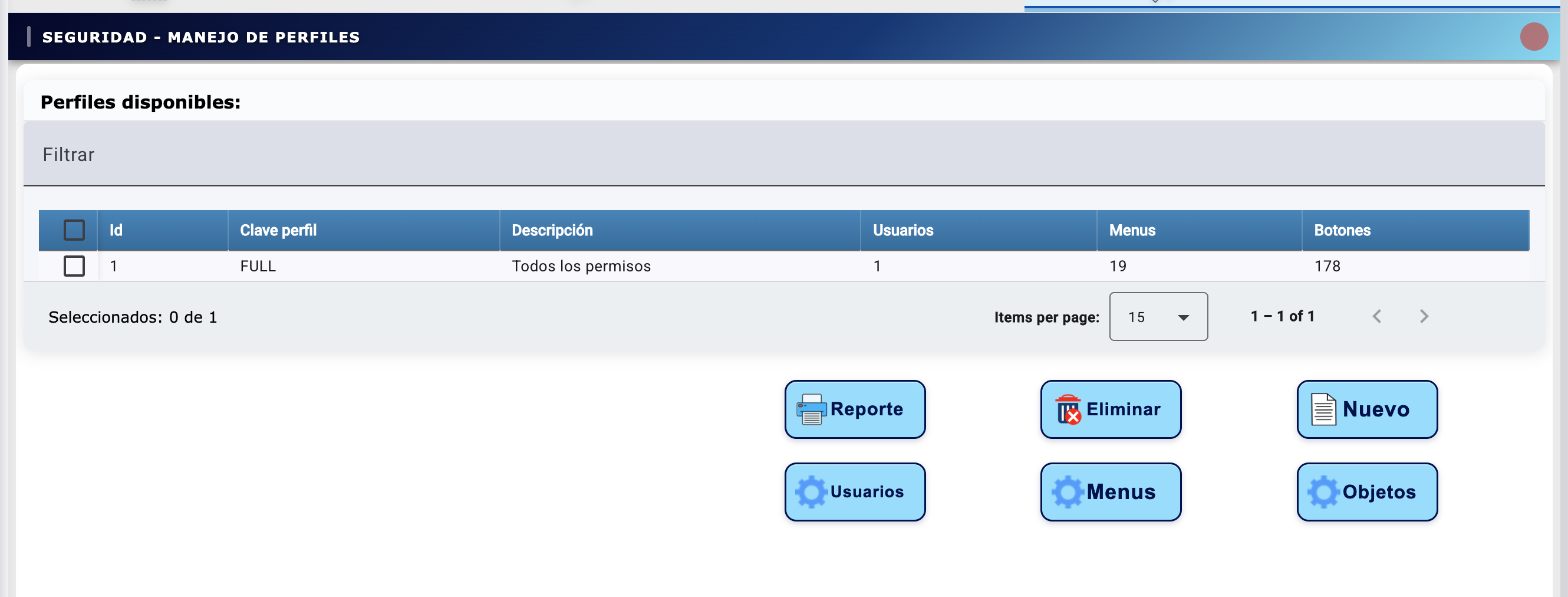 Pantalla Manejo de Perfiles