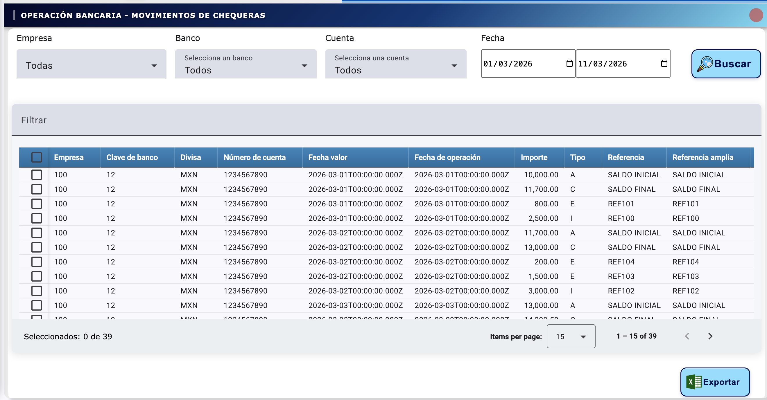 Pantalla Movimientos de Chequeras