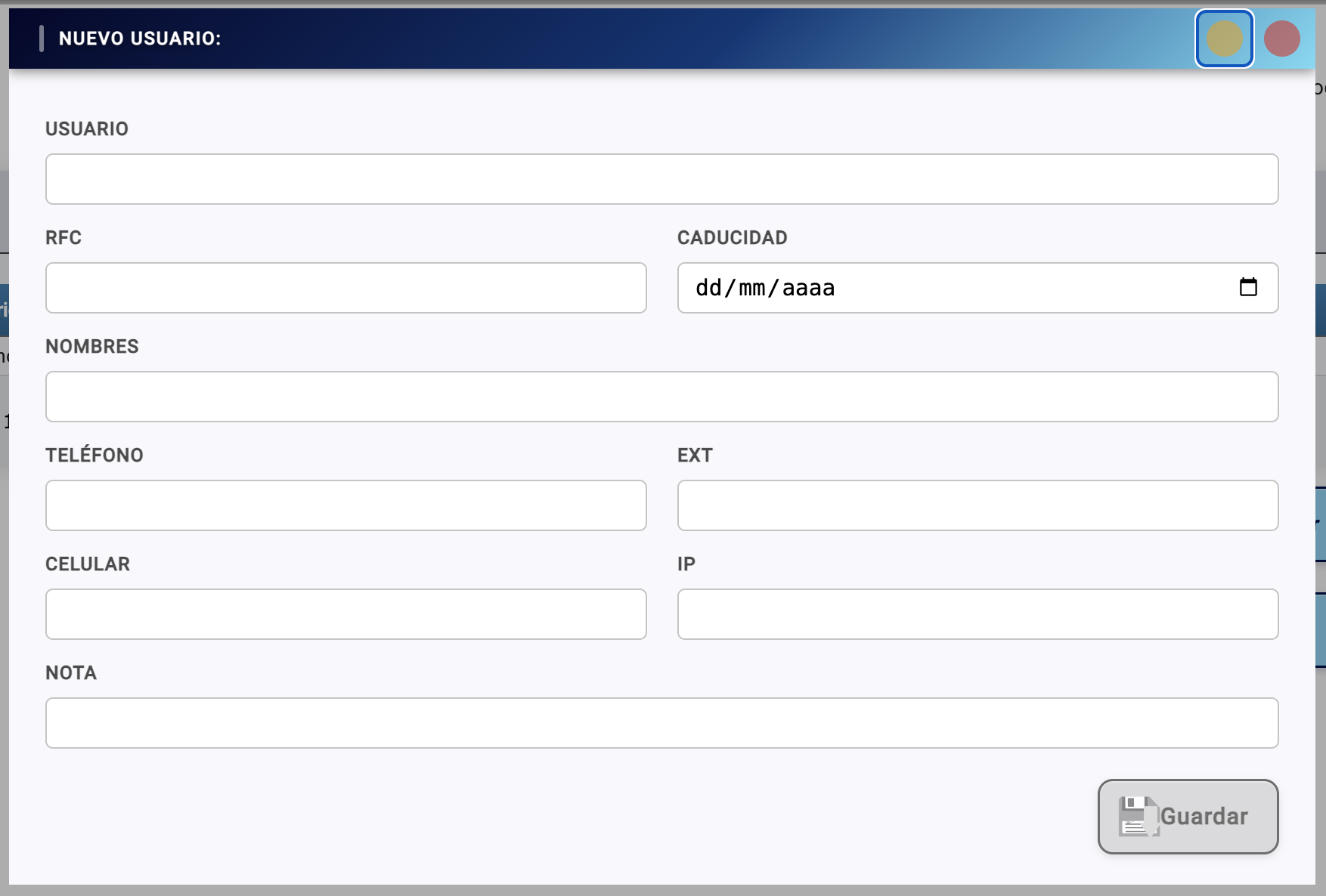 Pantalla Nuevo Usuario