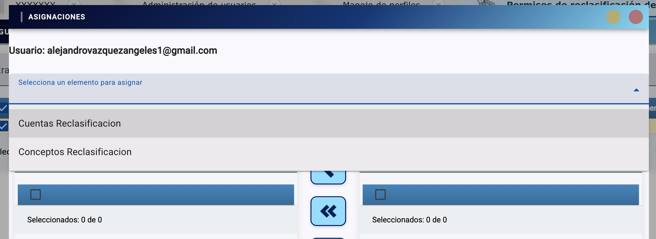 Desplegable de selección en Asignaciones de Reclasificación