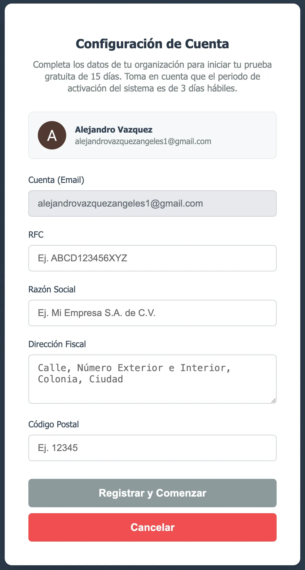 Registro de usuario